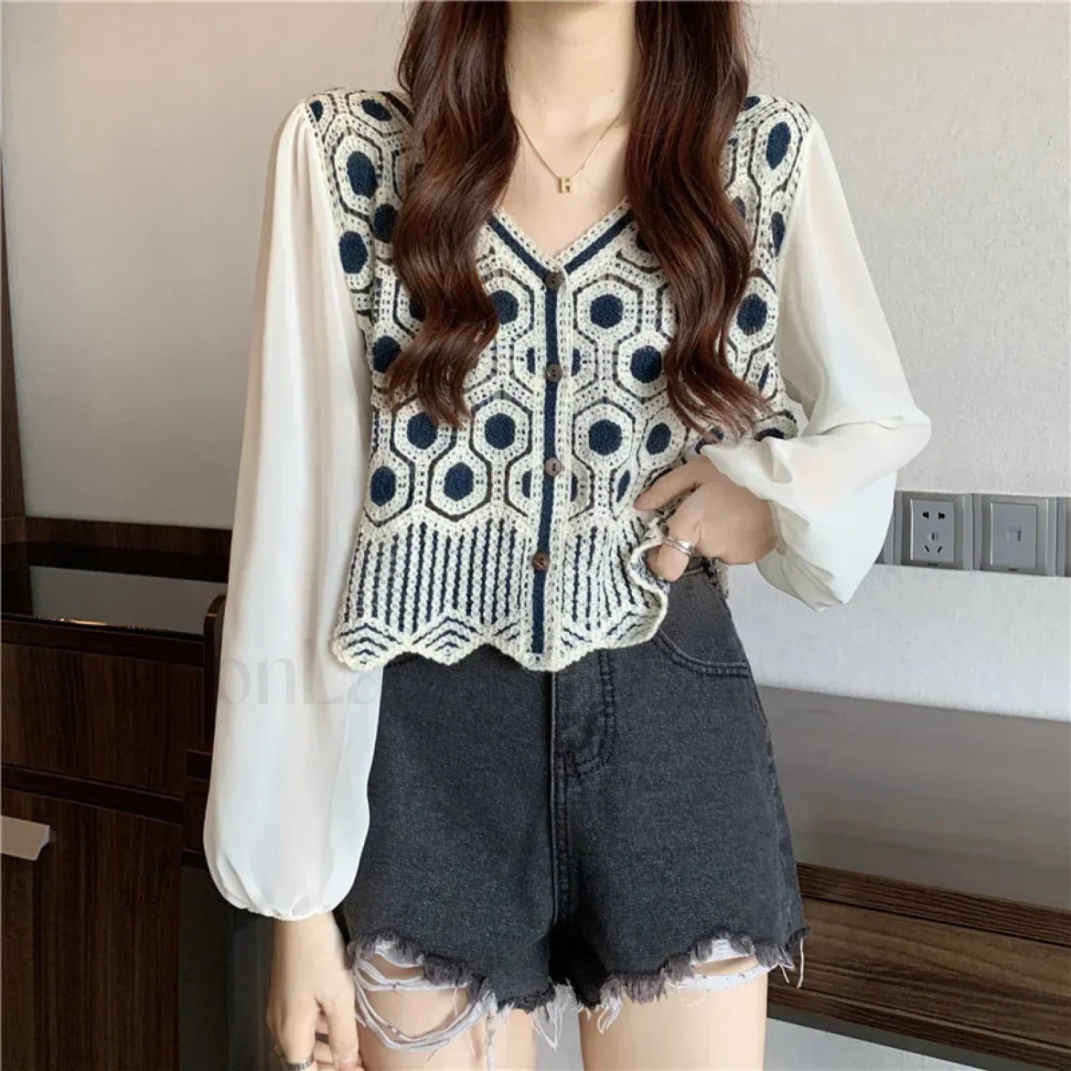Lace Patchwork Solid Color Pullover Casual Clothes Blouse DEEP BLUE / One Size