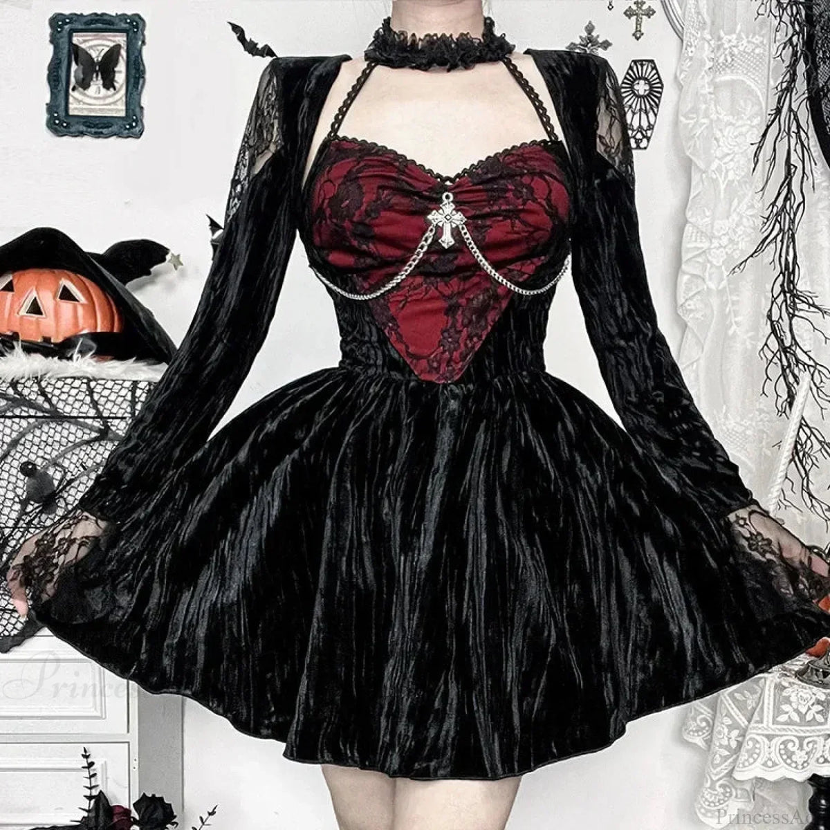 Gothic Velvet Lace Bell Sleeve Sweetheart Chain Cross Charm Skater Mini Dress