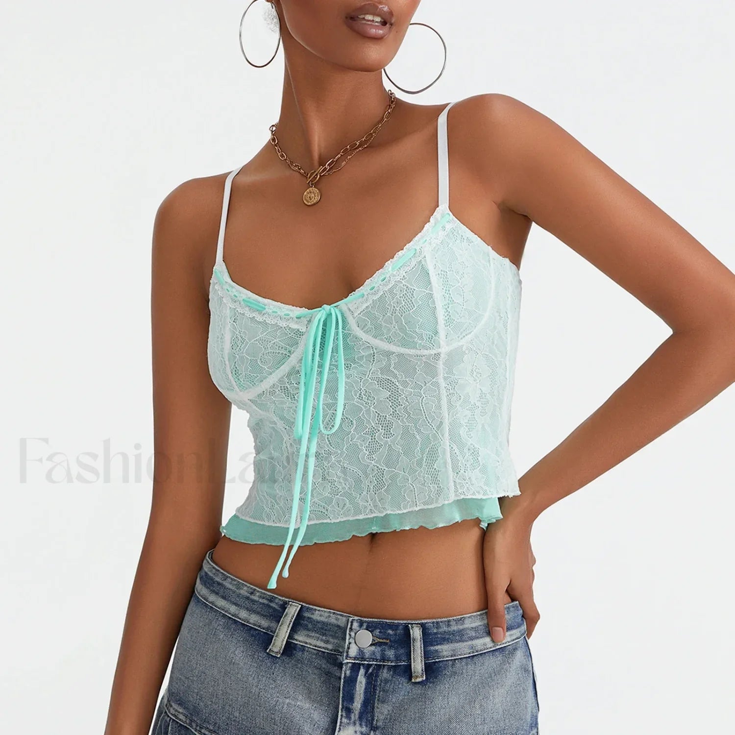 Lace Patchwork Tie-Up Crop Top