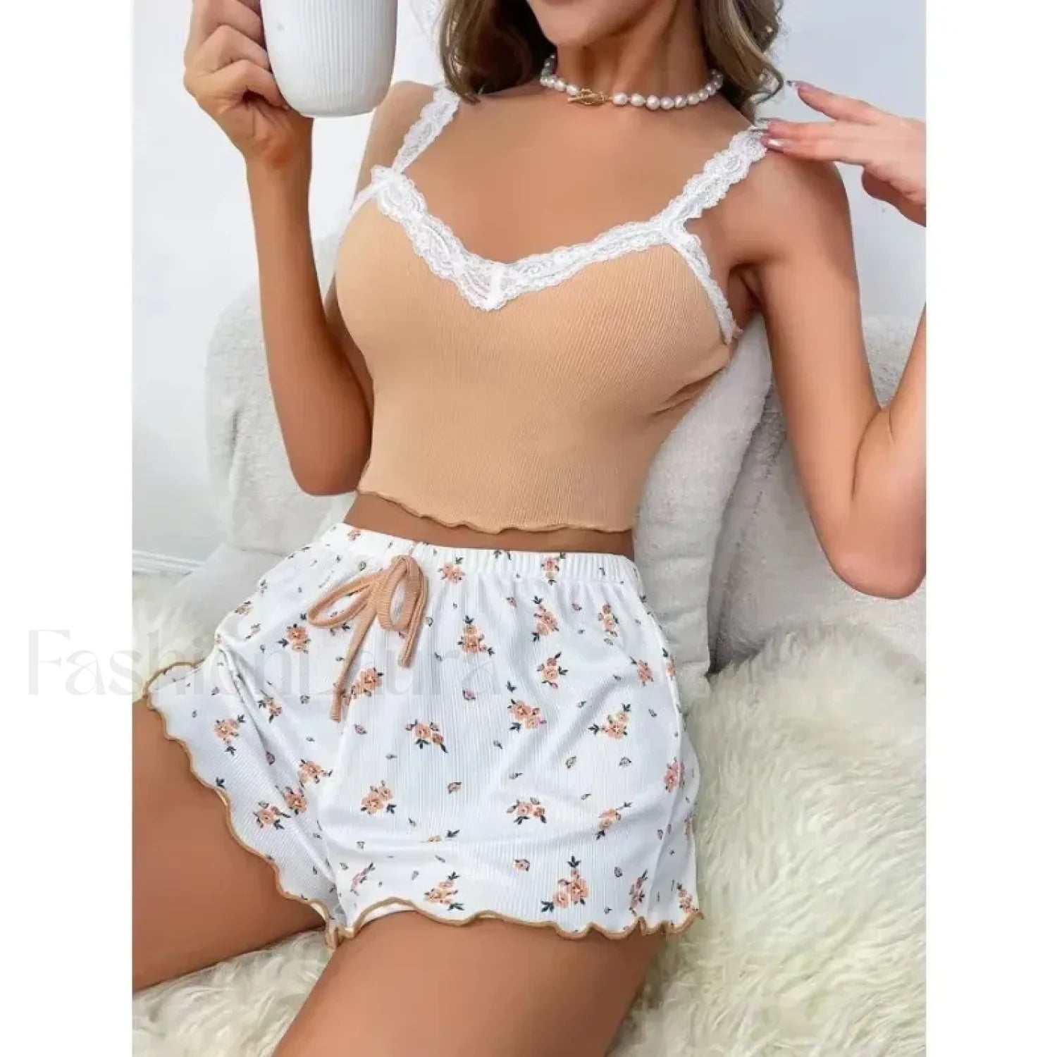 Lace Patchwork V-Neck Cami Shorts Two Piece Set