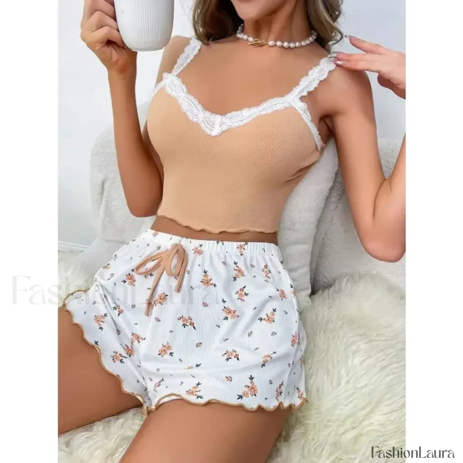 Lace Patchwork V-Neck Cami Shorts Two Piece Set