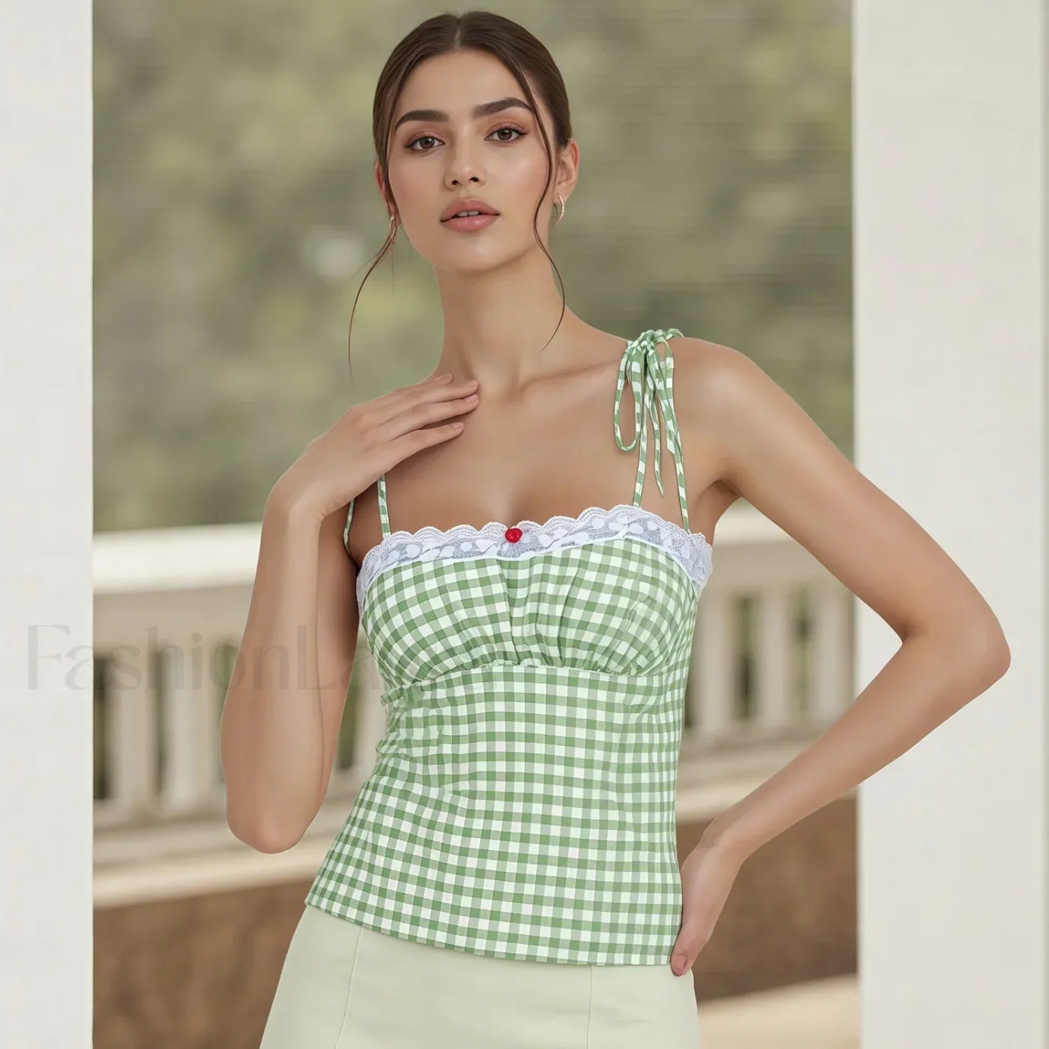 Lace Plaid Fitted Crop Top Green / S