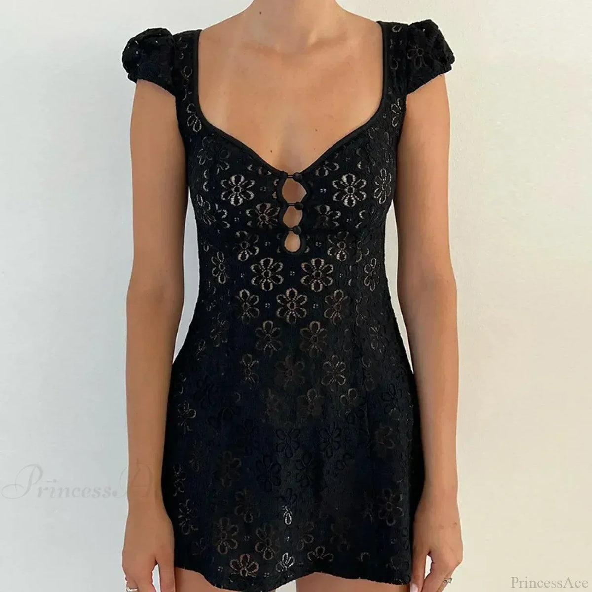 Floral Lace Sweetheart Neck Puff Cap Sleeve Button Keyhole Mini Dress