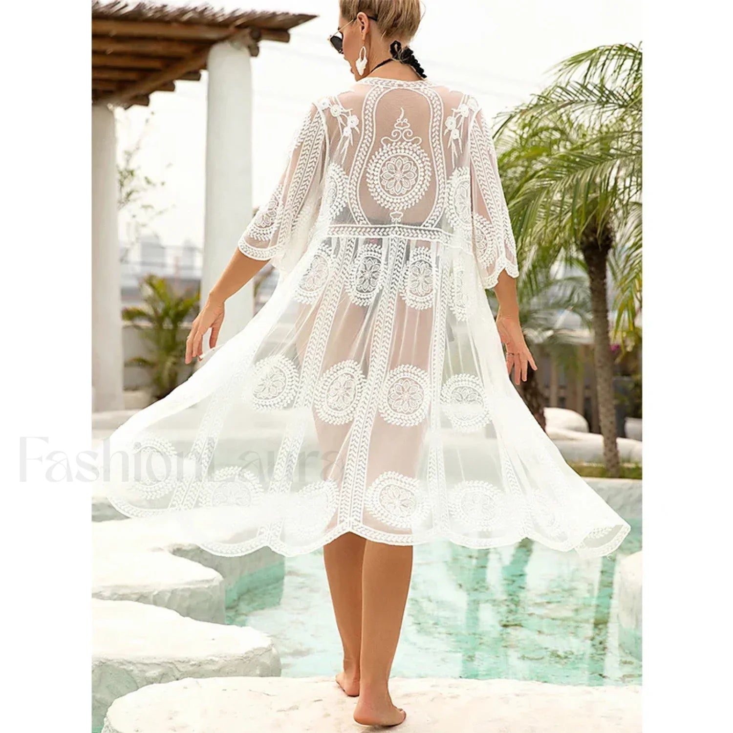 Lace Sheer Midi Beach Cover Up WHITE / One Size