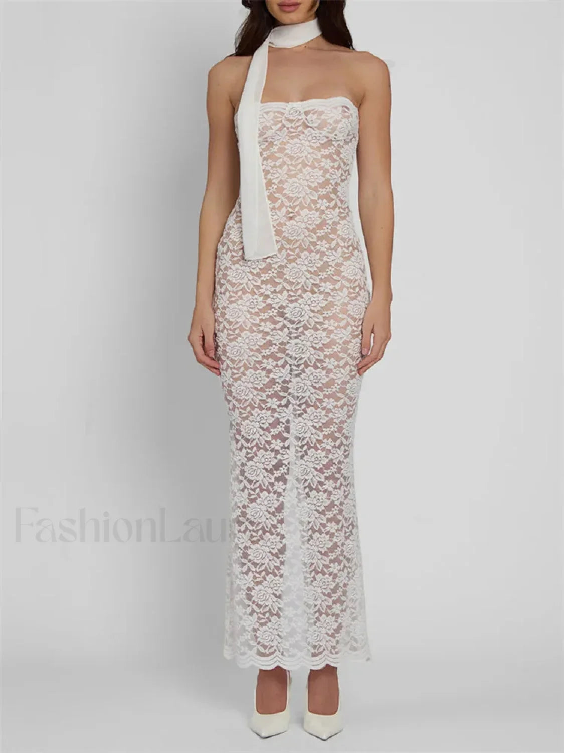 Lace Sheer Strapless Floral Maxi Dress