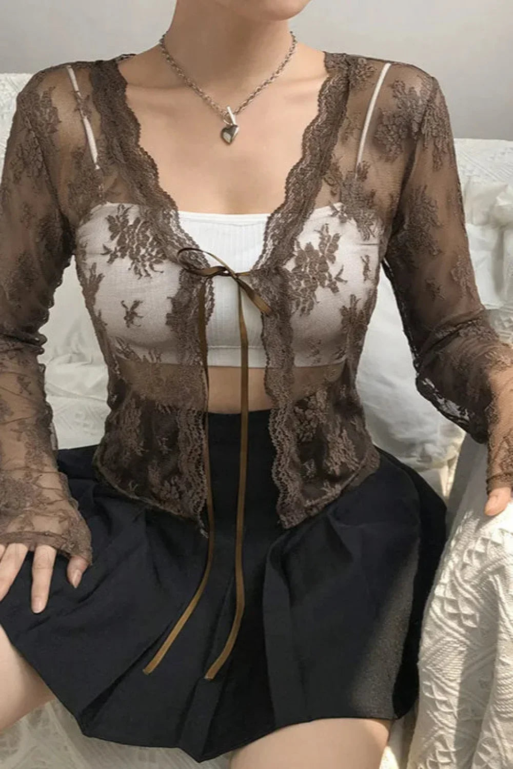Lace Tie Front Sheer Crop Cardigan