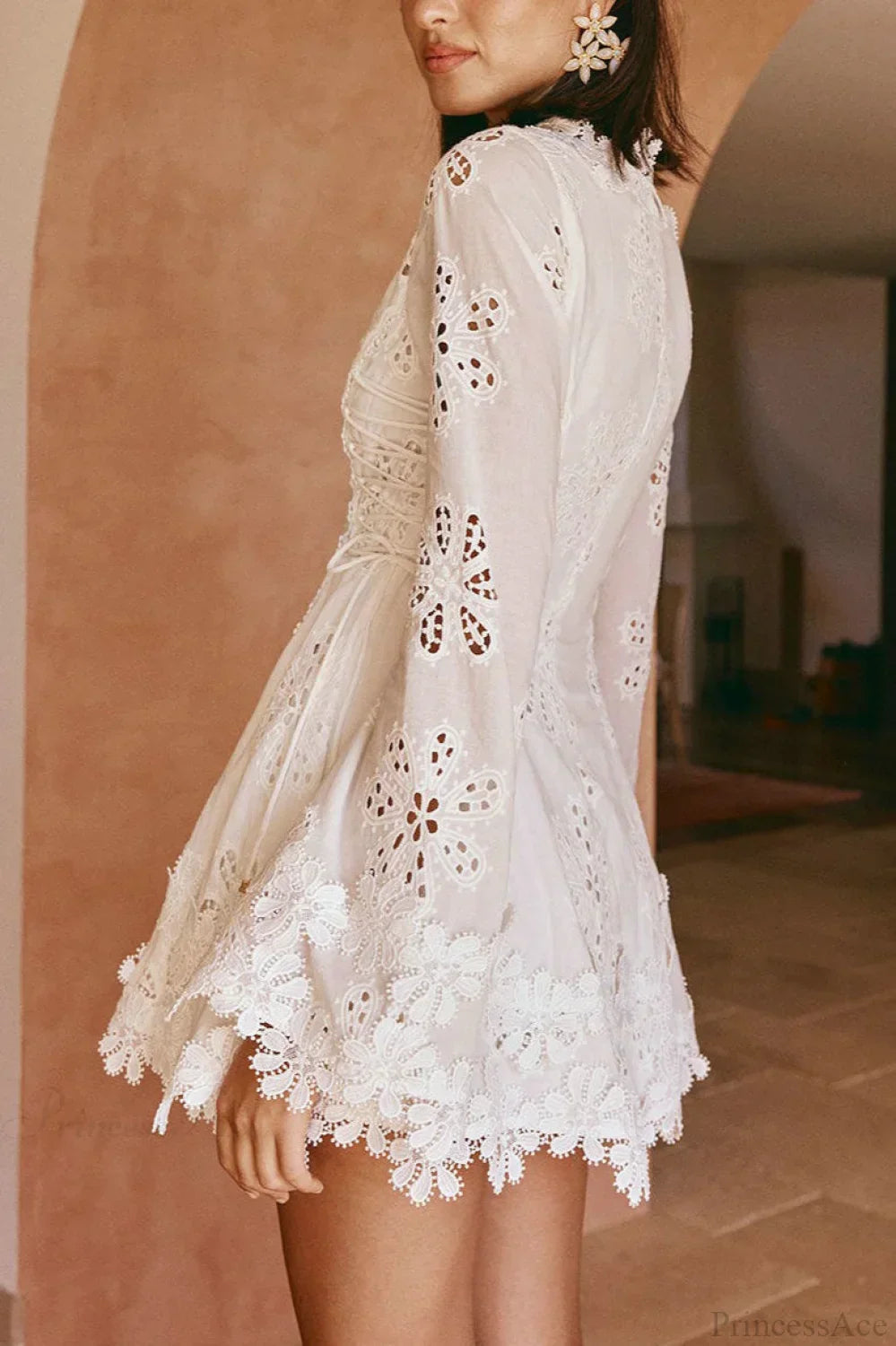Lace Trim V-Neck Tie Mini Dress - View 3