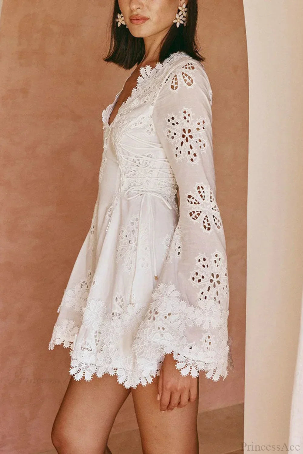 Lace Trim V-Neck Tie Mini Dress - View 2