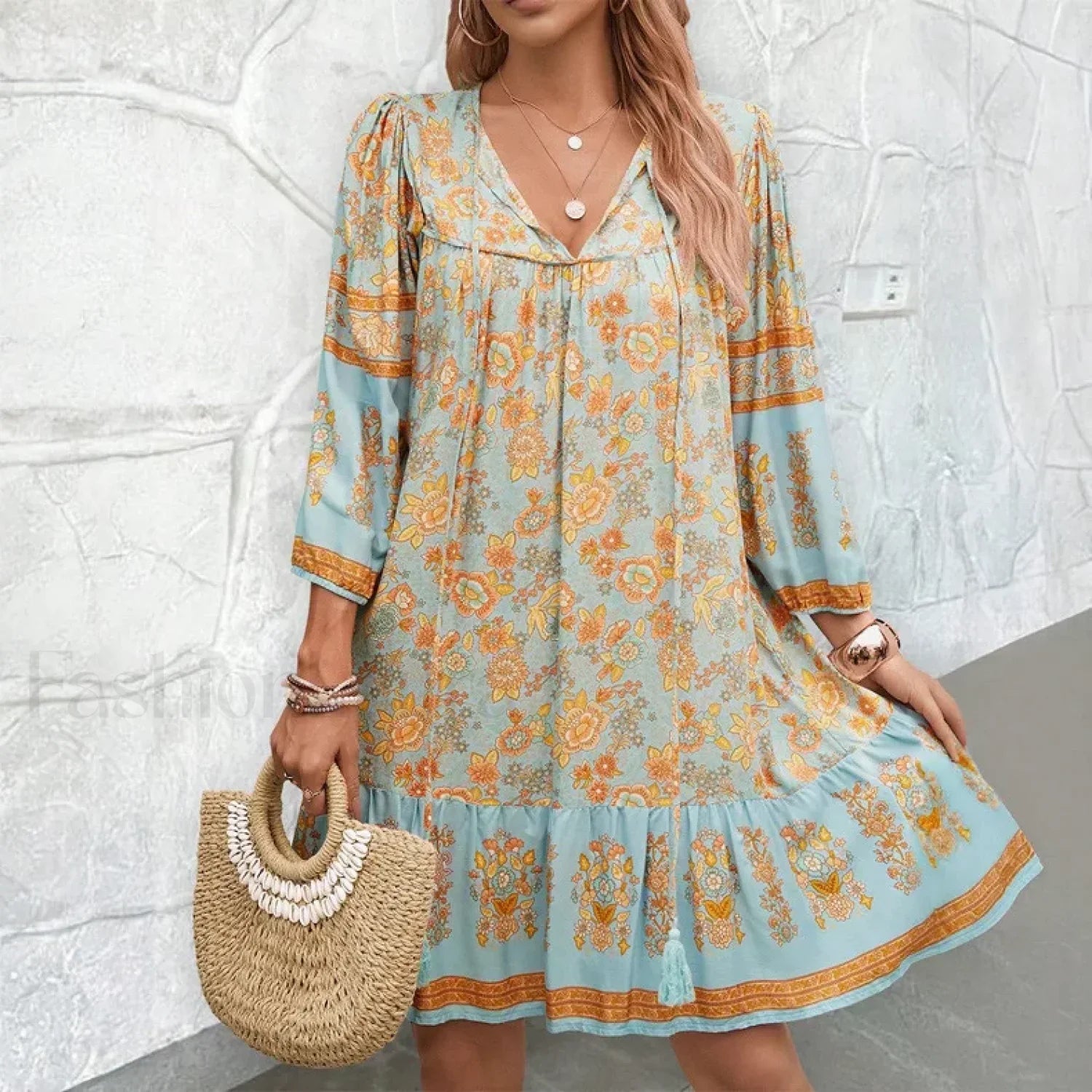 Lace Up Artistic Retro Boho Dress Blue / S