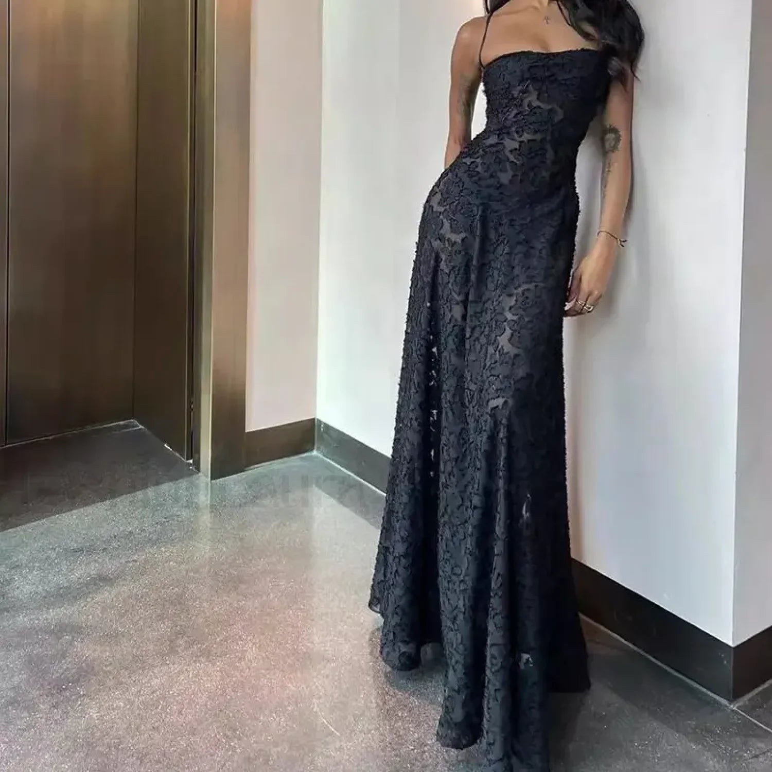 Lace-up Black Prom Maxi Dress