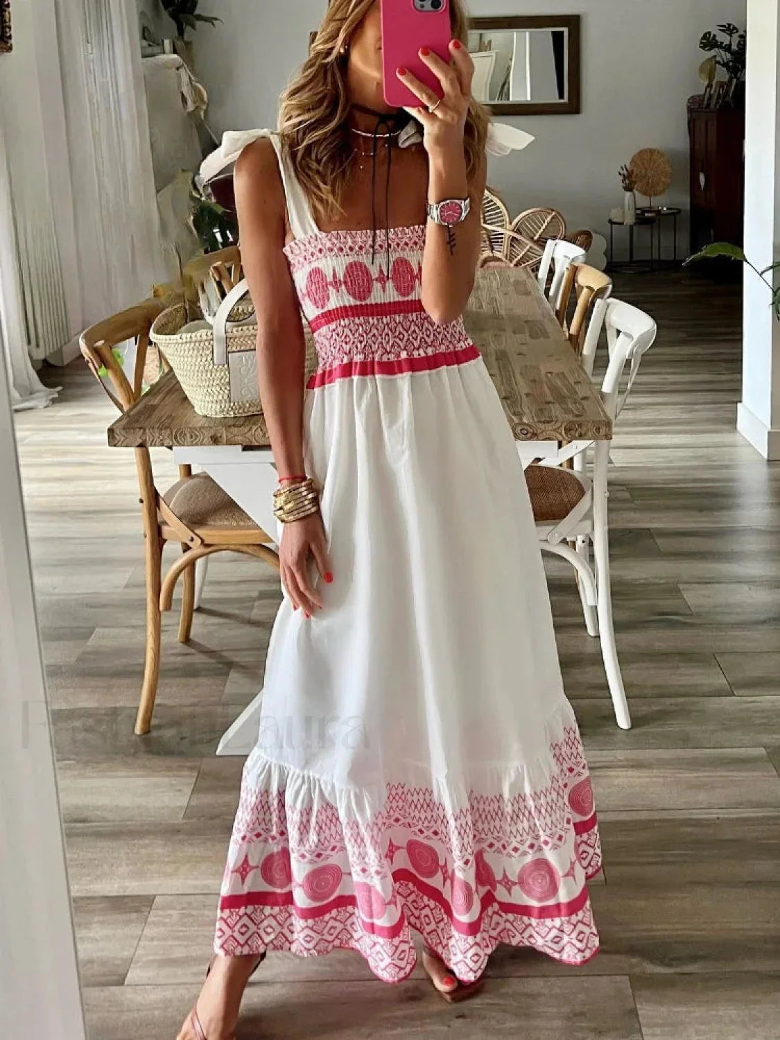 Lace-Up Elastic Boho Dress