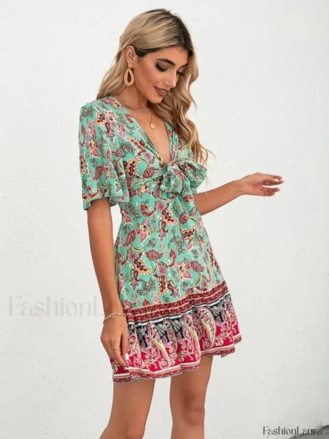 Lace-Up Flounce Boho Dress