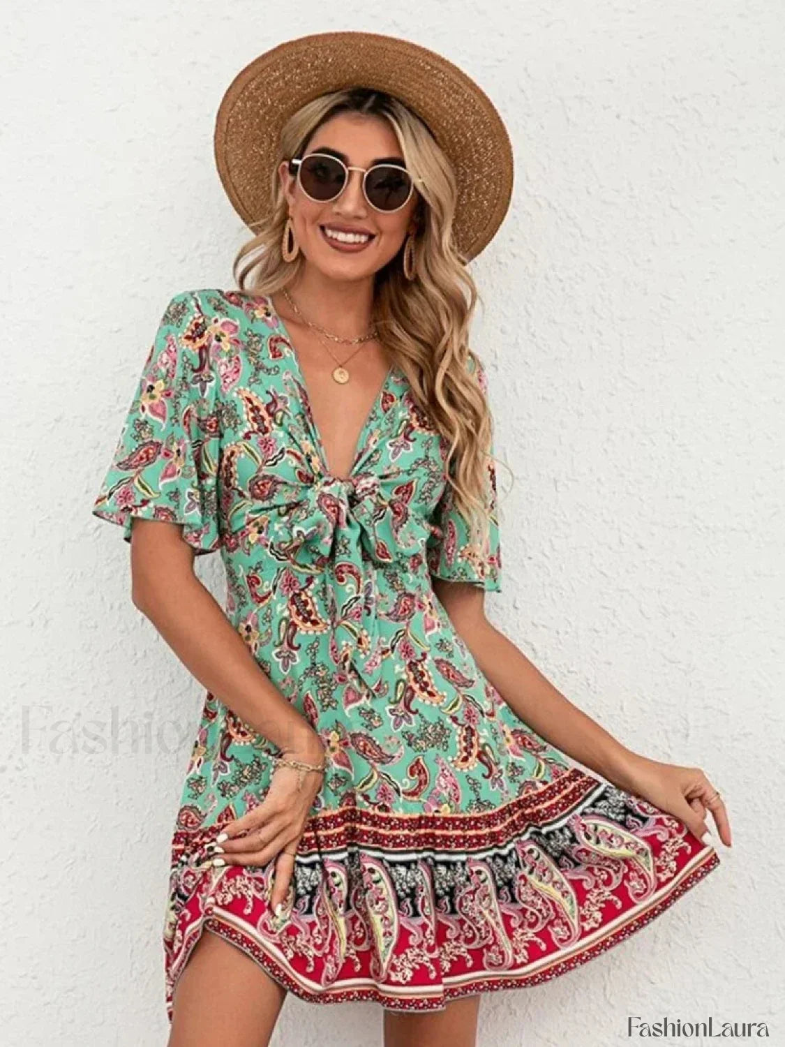 Lace-Up Flounce Boho Dress