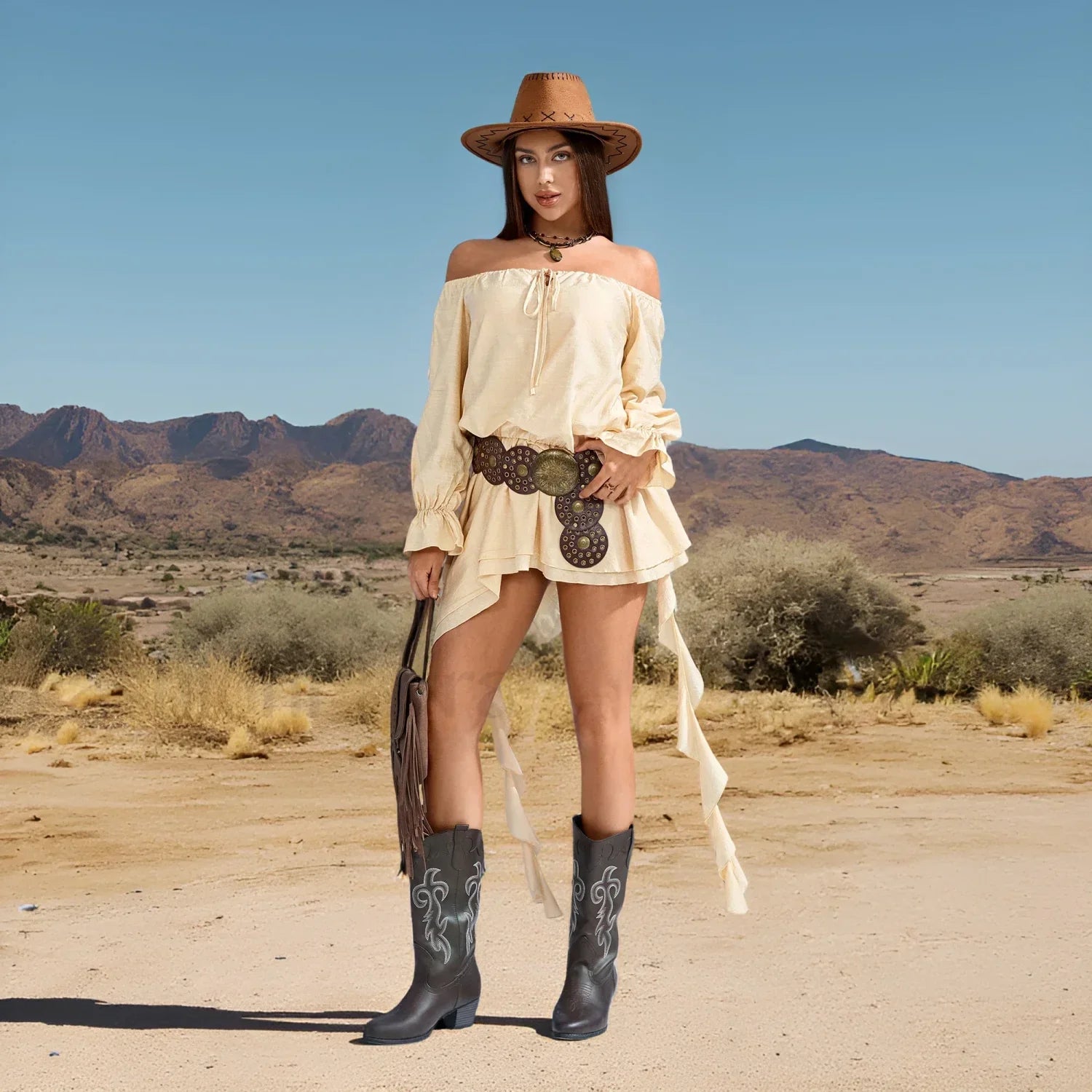 Lace-Up Off-Shoulder Boho Dress