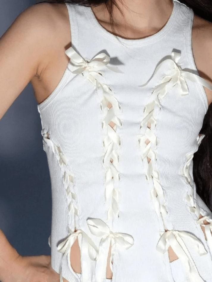 Round Neck Ribbon Lace Up Bow Ribbed Knit Tank Top 14