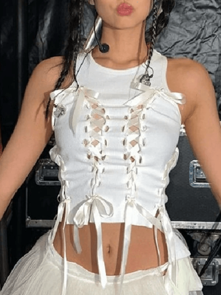Round Neck Ribbon Lace Up Bow Ribbed Knit Tank Top 19