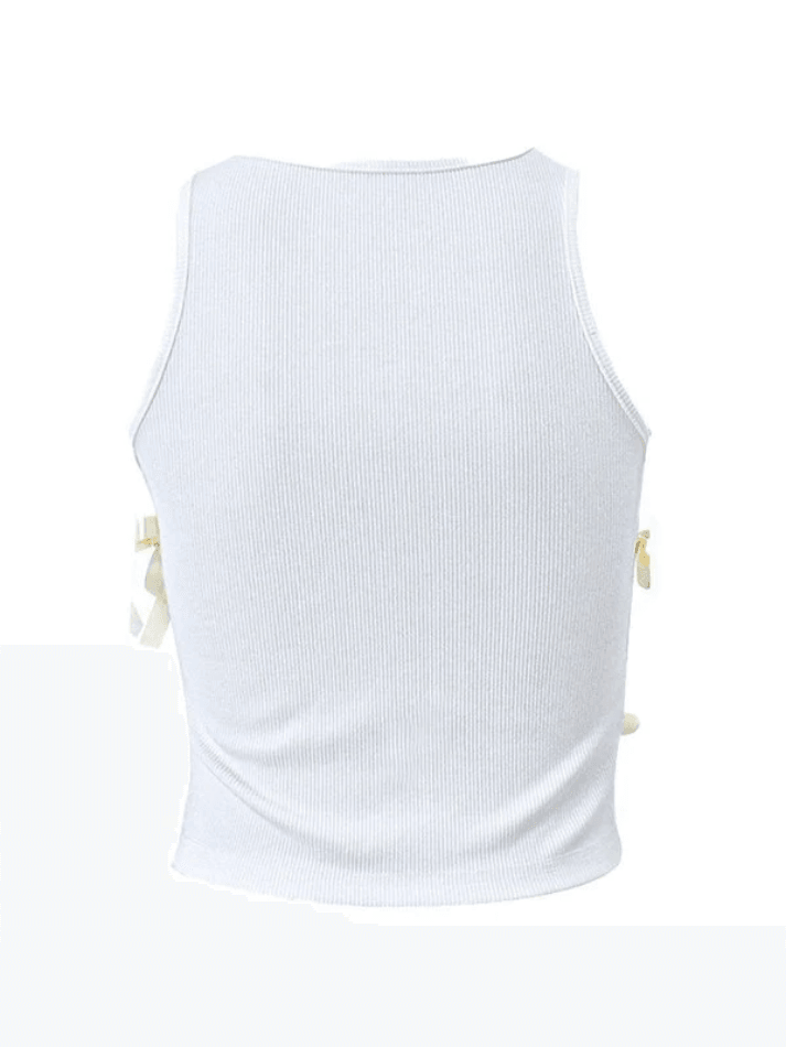 Round Neck Ribbon Lace Up Bow Ribbed Knit Tank Top 18