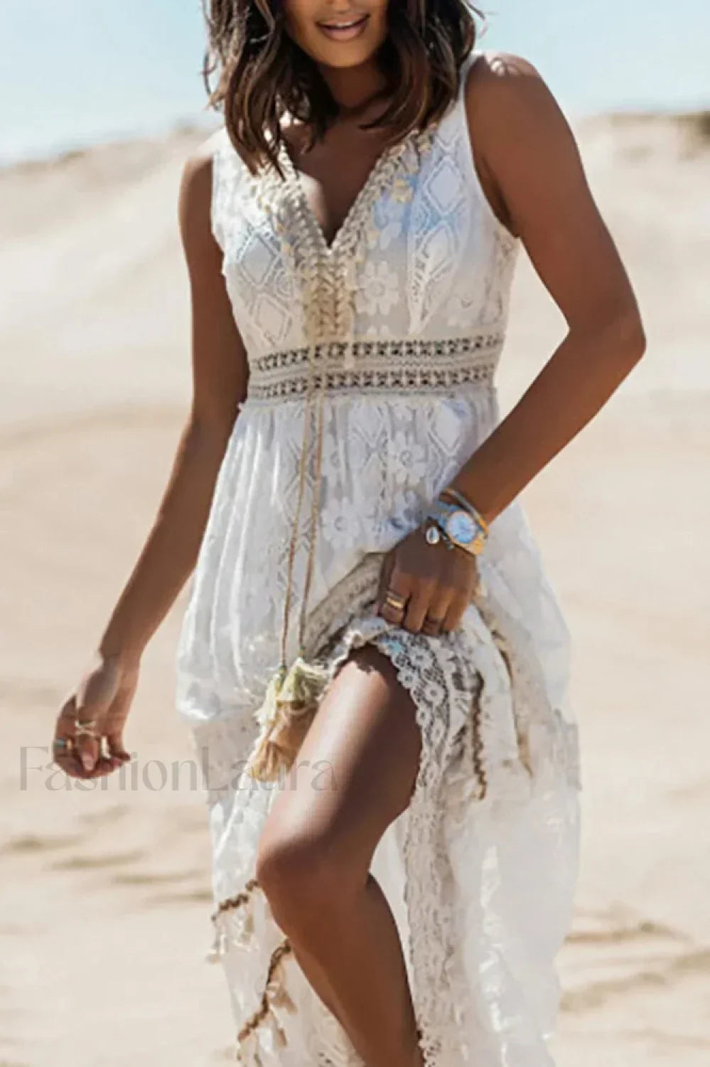 Lace V Neck Hollow Boho Dress