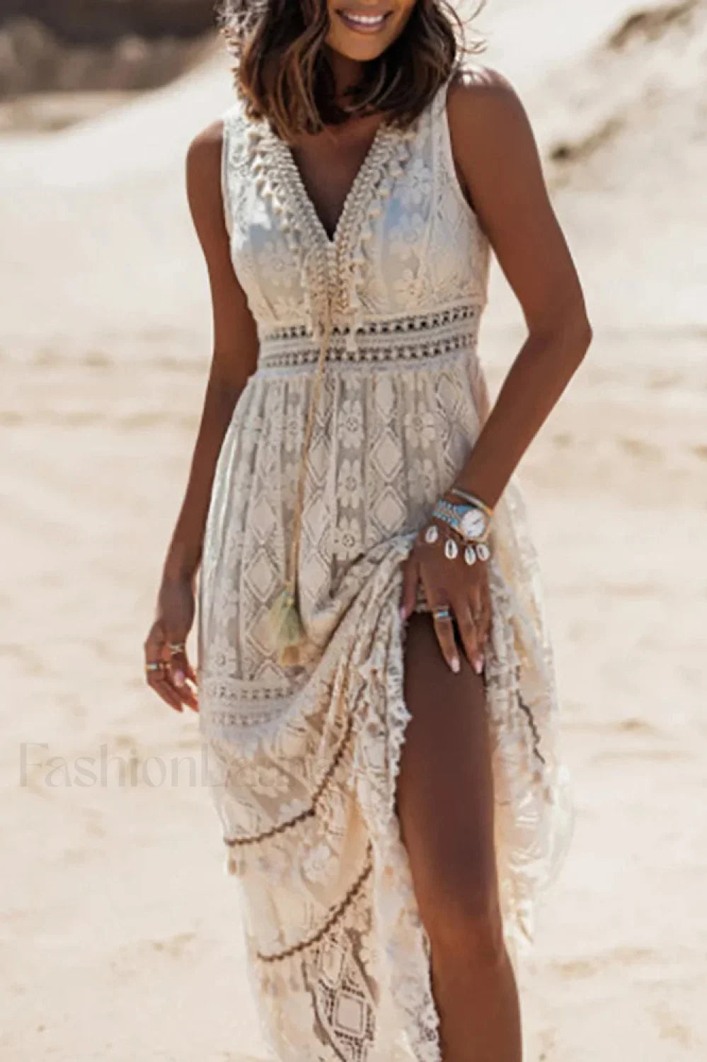 Lace V Neck Hollow Boho Dress