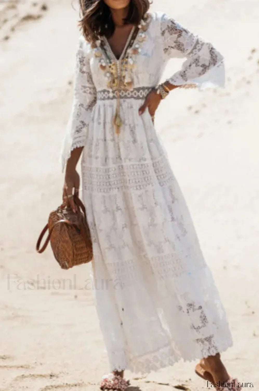 Lace V Neck Hollow Boho Dress