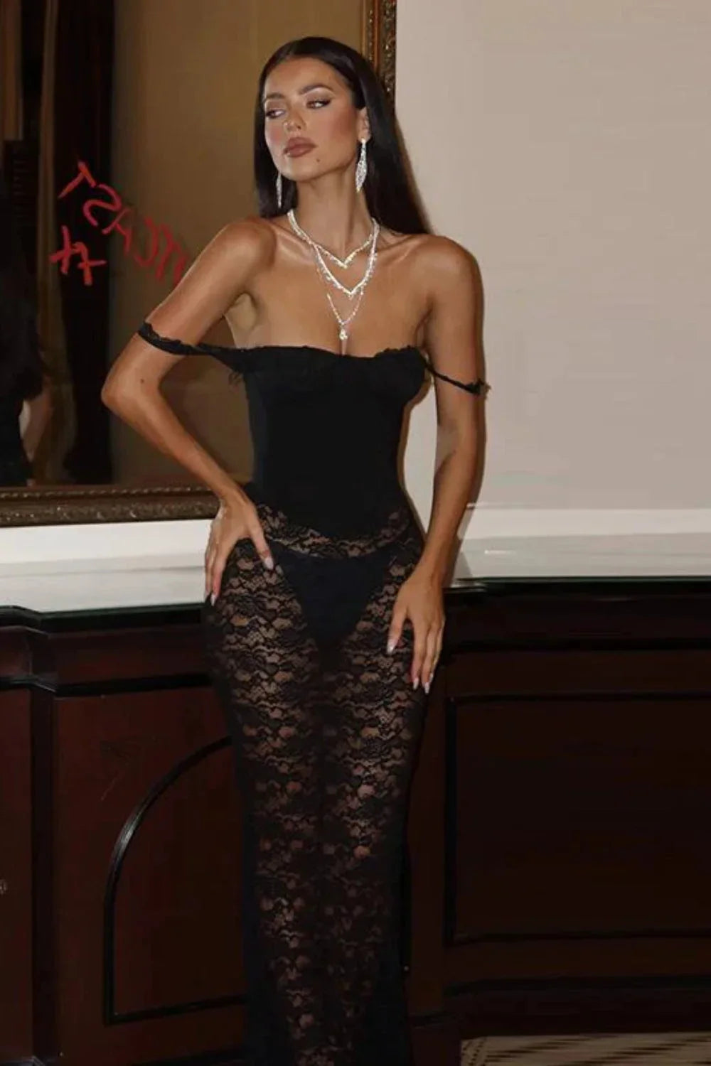 Lace Waist Embossed Slim Fit Vest Maxi Dress