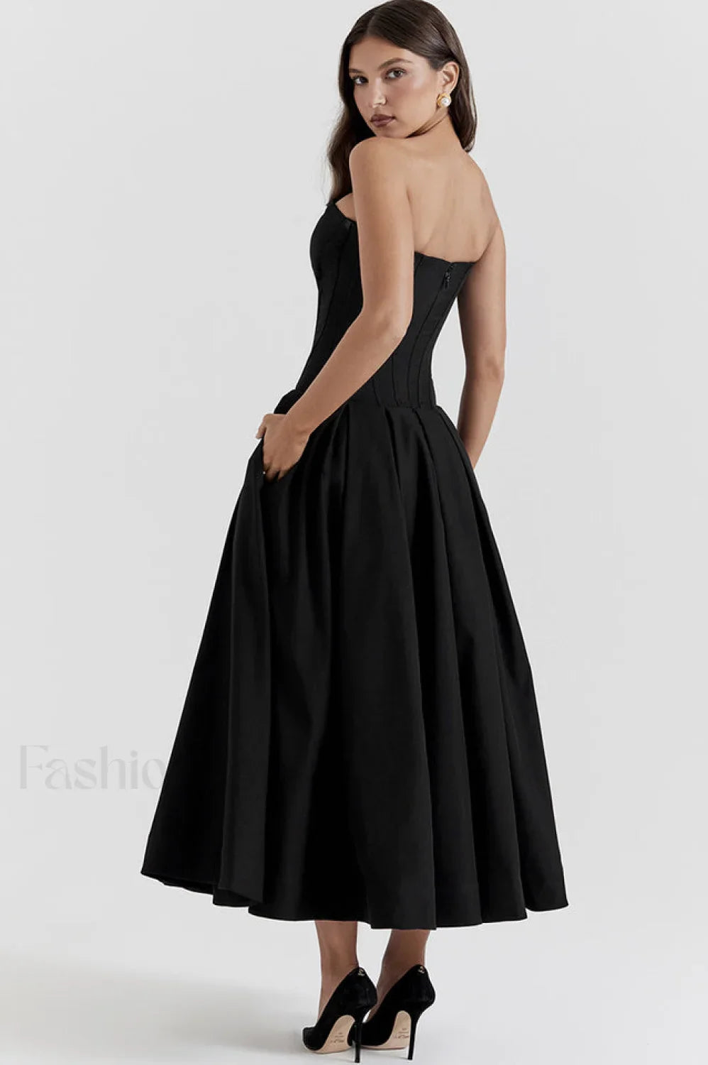 Lady Black Stylish Strapless Midi Dress