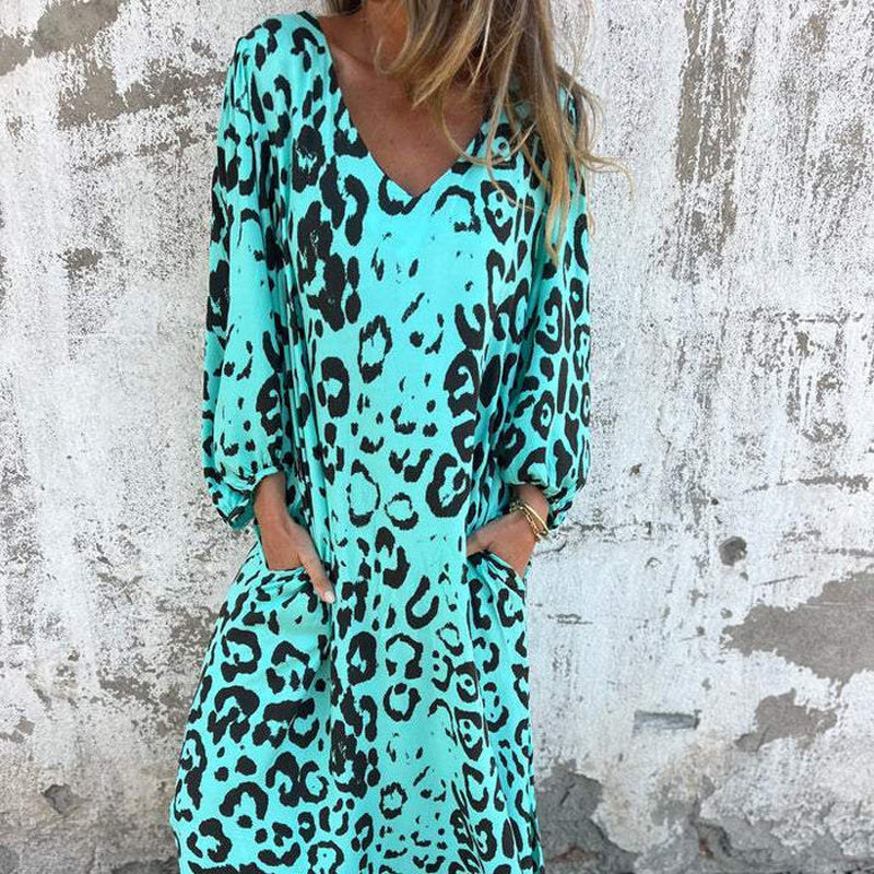 Leopard Print Deep V-Neck Long Sleeve Side Pocket Shift Midi Dress