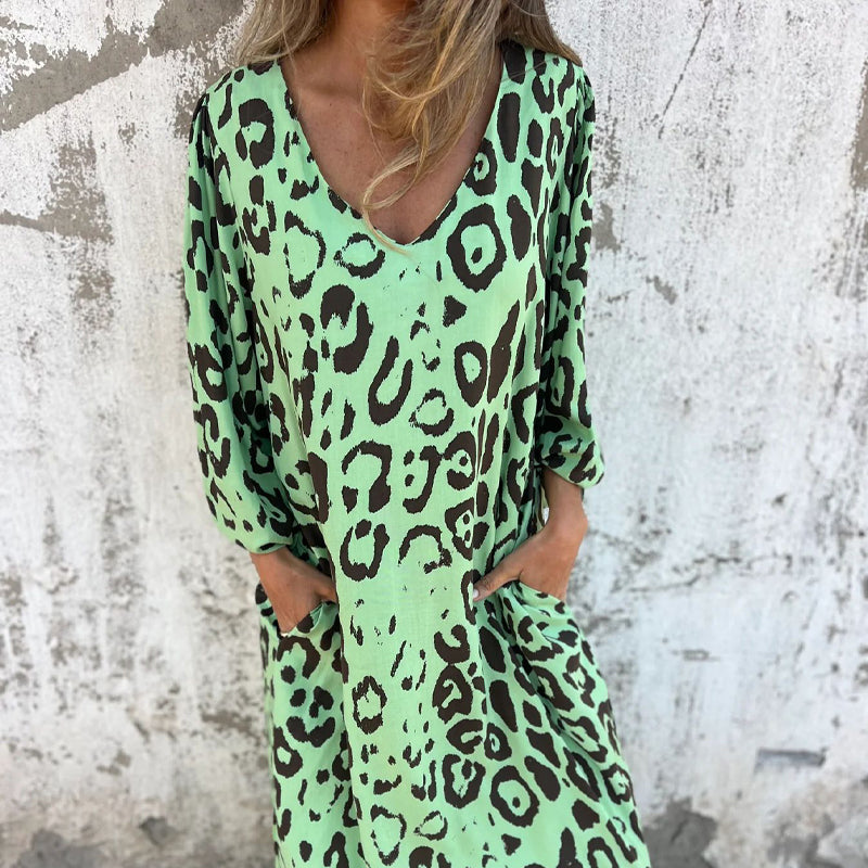 Leopard Print Deep V-Neck Long Sleeve Side Pocket Shift Midi Dress