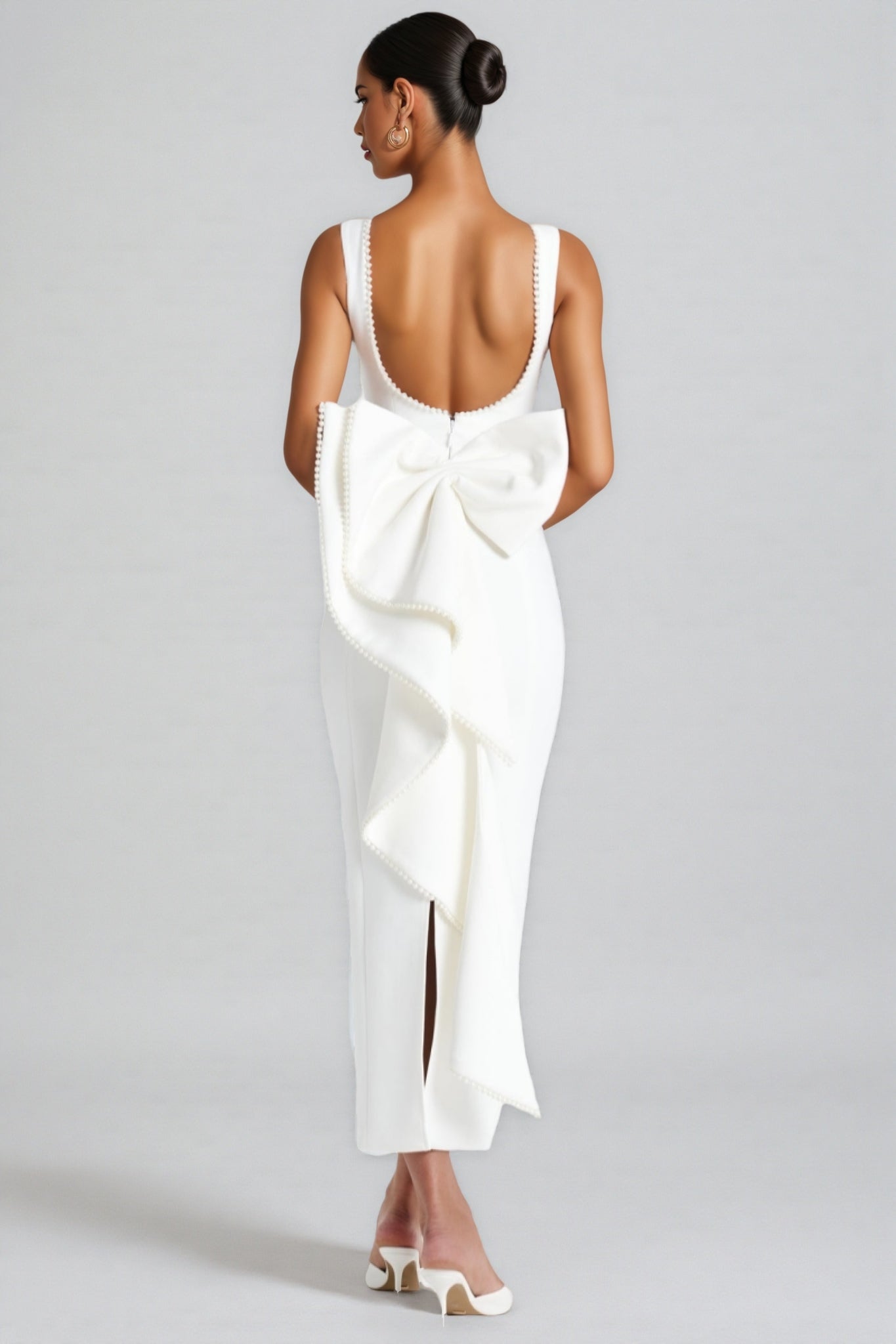 Jerres White Backless Pearl Ribbon Maxi Dress - View 2