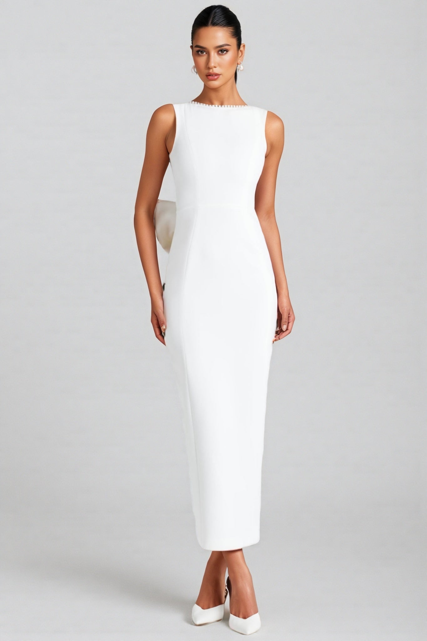 Jerres White Backless Pearl Ribbon Maxi Dress - View 3