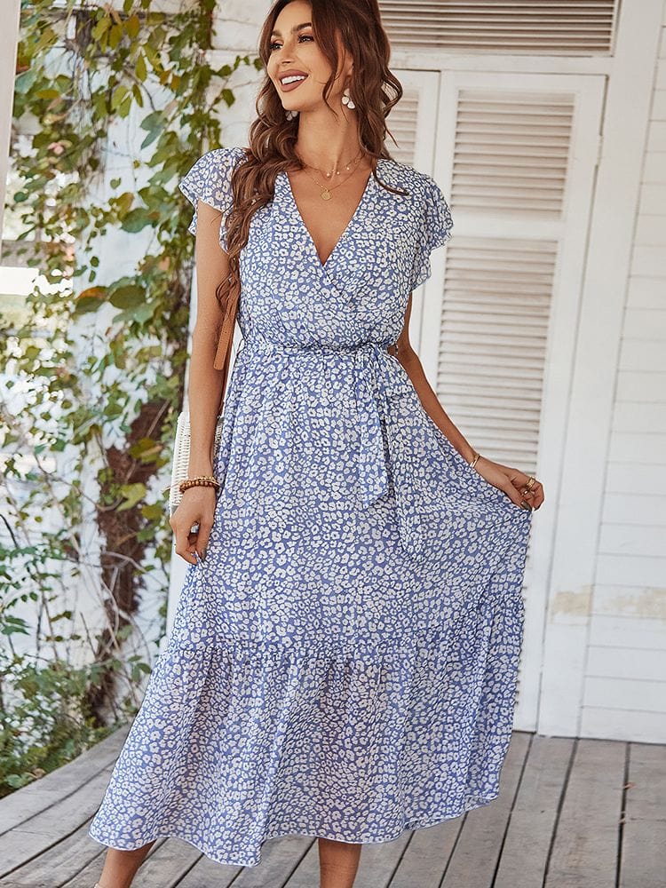 Floral Print Surplice V-Neck Flutter Sleeve Belted Tiered Maxi Dress
