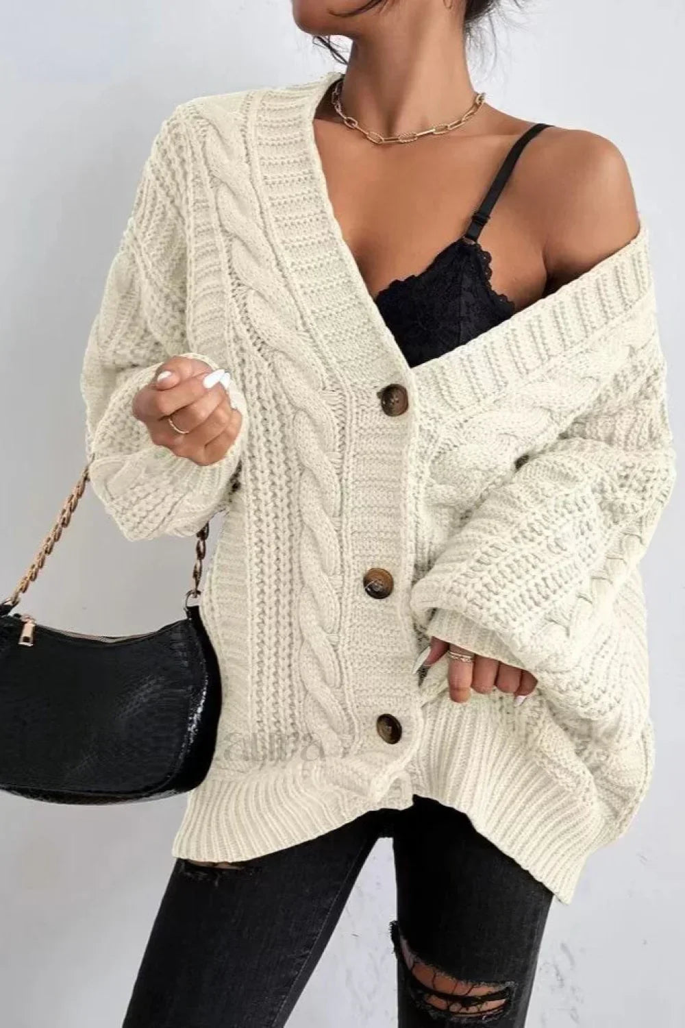 Lantern Sleeve Cable Knit Sweater