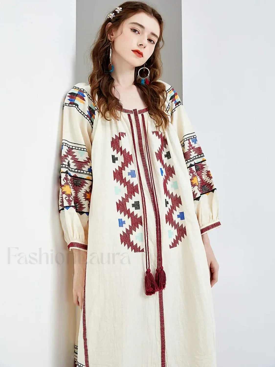 Lantern Sleeve Floral Boho Dress white / One Size