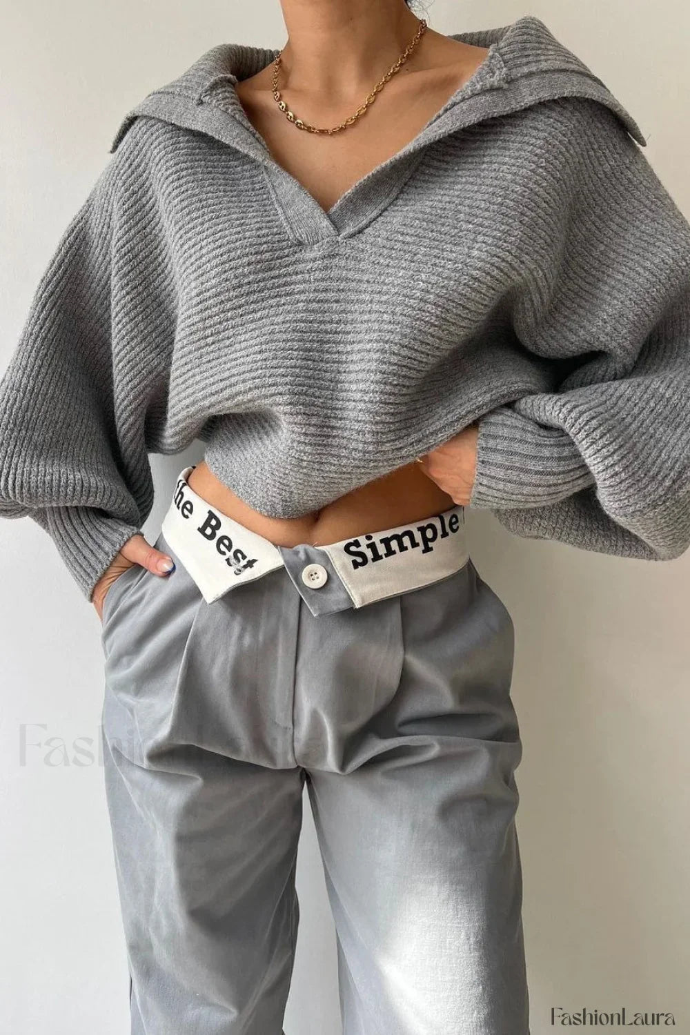 Lantern Sleeve Open Collar Knit Sweater