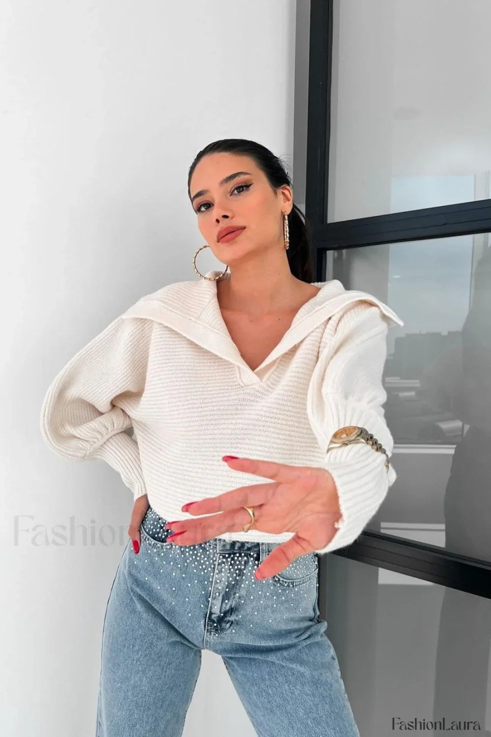 Lantern Sleeve Open Collar Knit Sweater