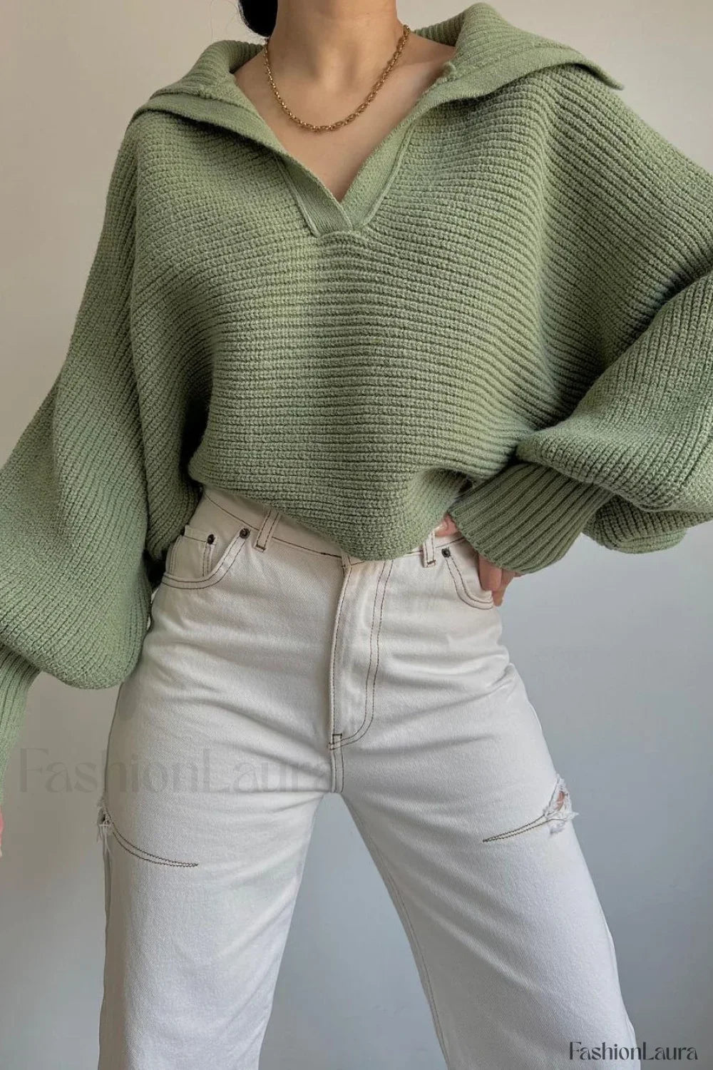 Lantern Sleeve Open Collar Knit Sweater