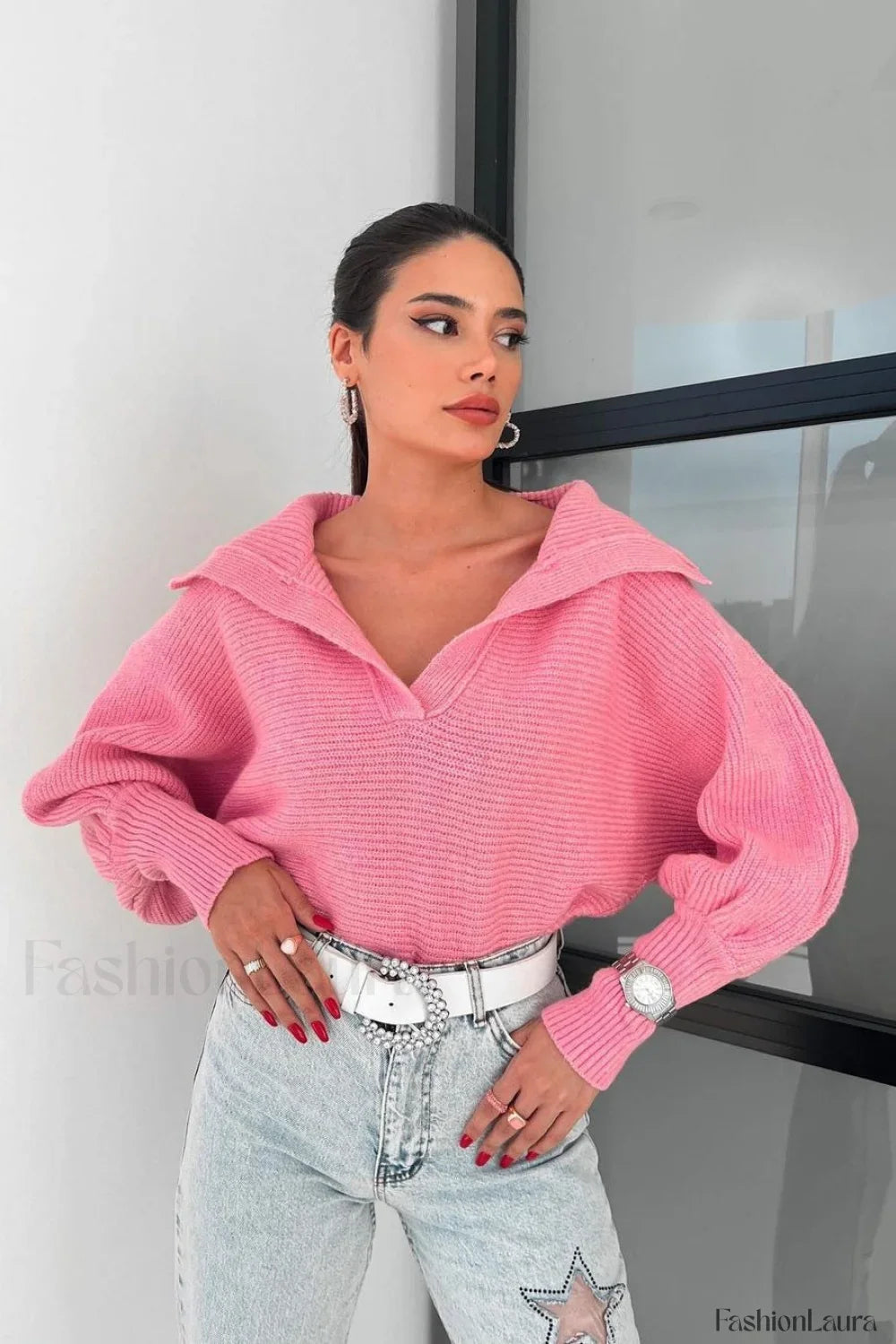 Lantern Sleeve Open Collar Knit Sweater