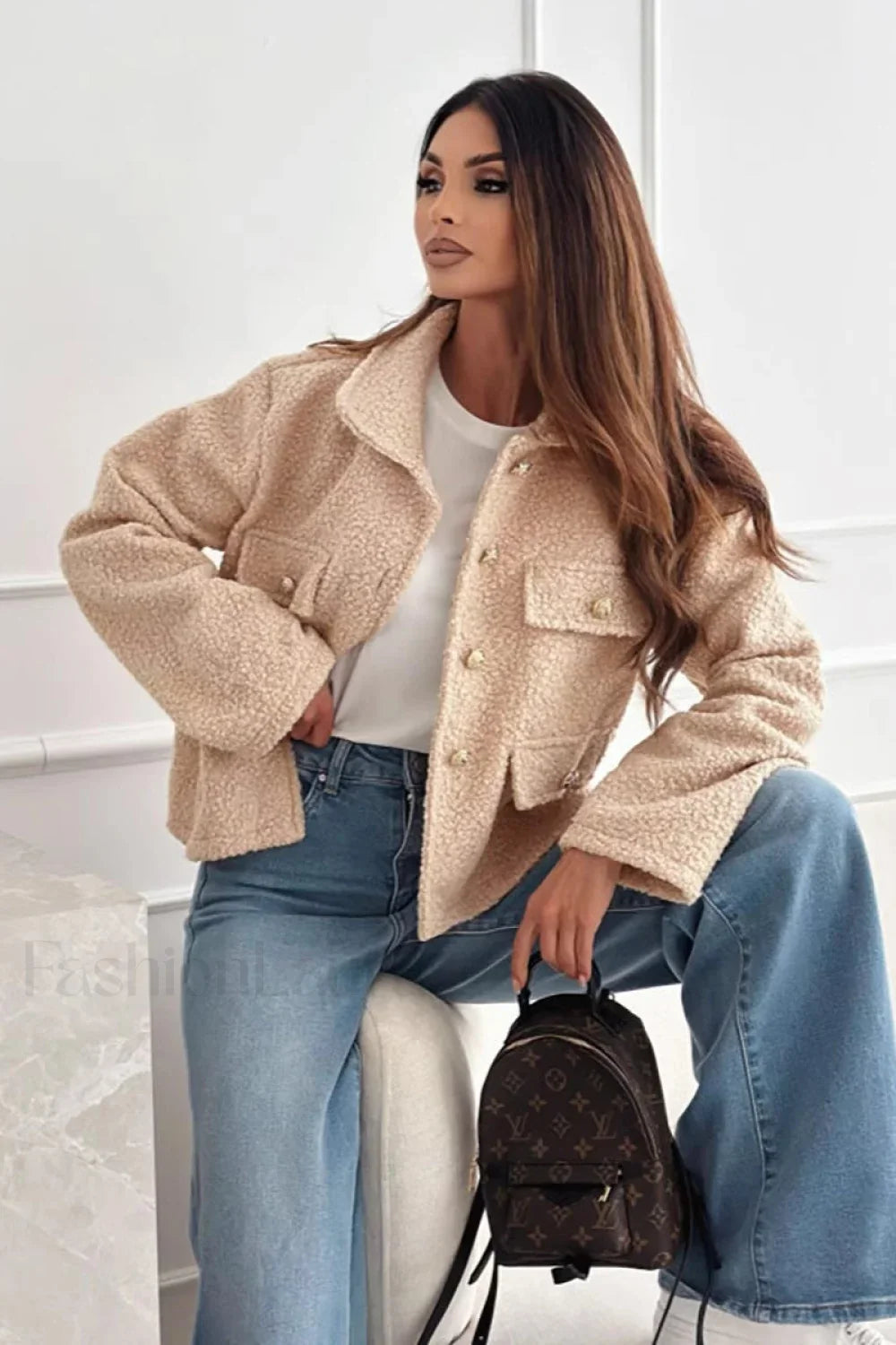 Lapel Button Sherpa Long Sleeve Coat