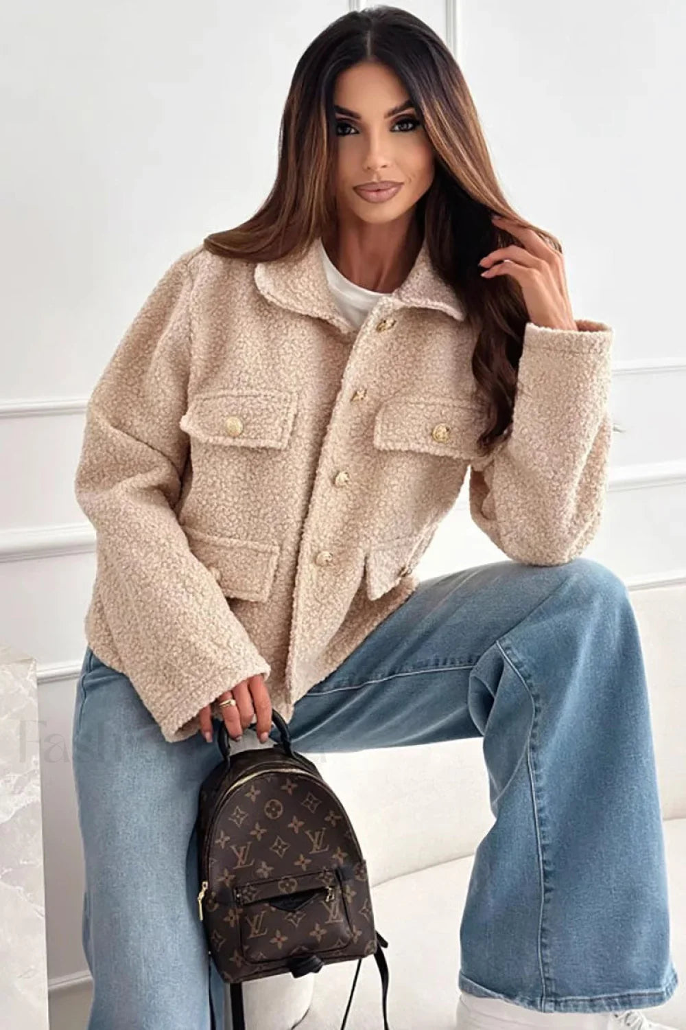Lapel Button Sherpa Long Sleeve Coat