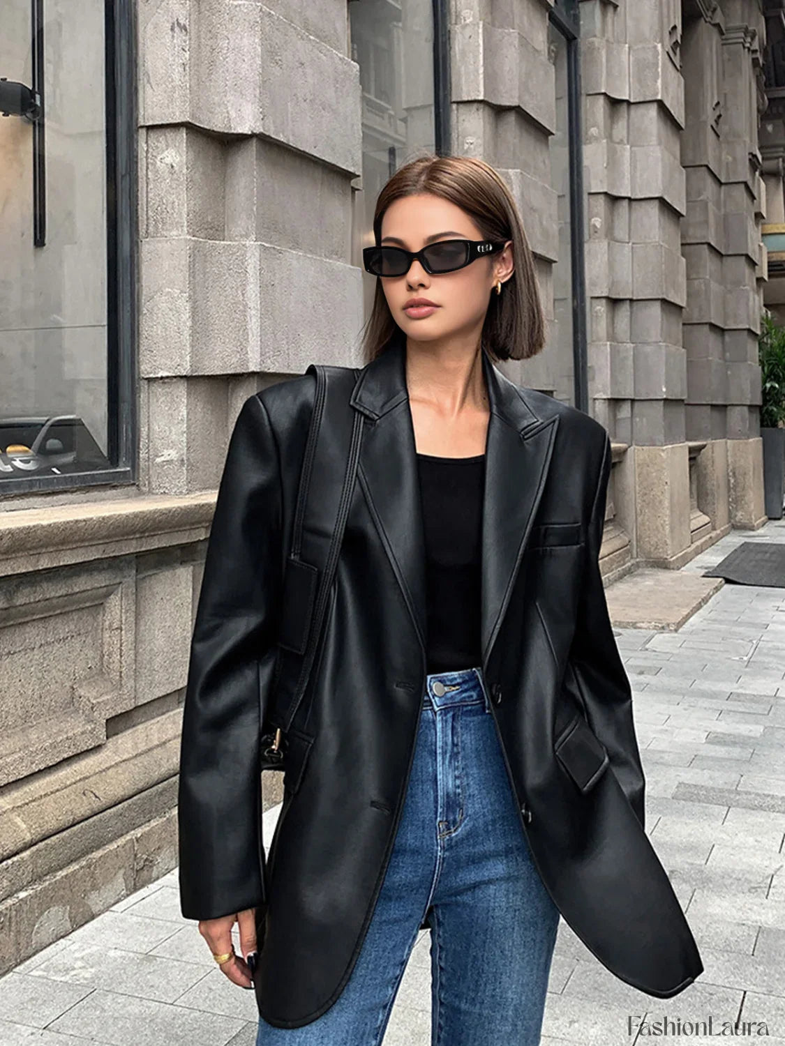 Lapel Pockets Leather Blazer