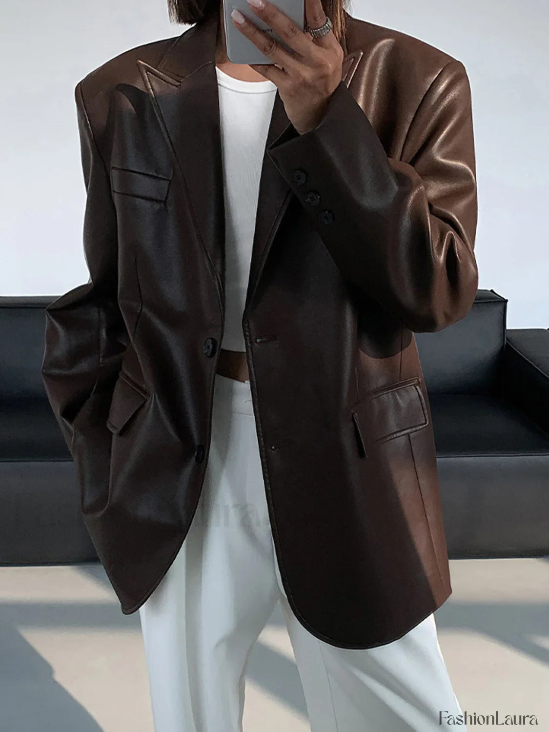 Lapel Pockets Leather Blazer