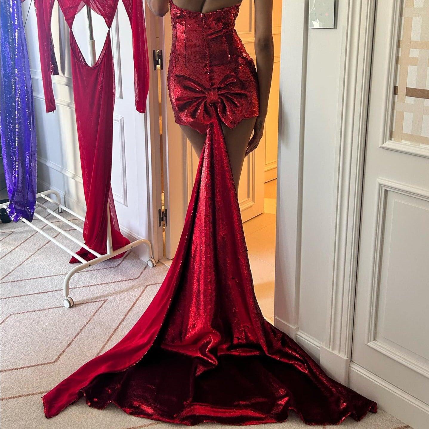 Sequin Strapless Corset Bow Back Fishtail Mini Dress