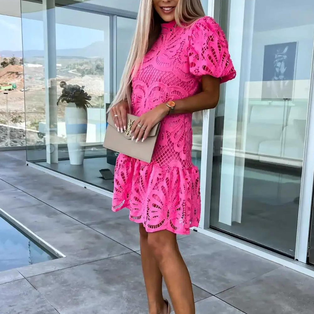 Crochet Lace High Neck Puff Sleeve Tiered Mini Dress 5