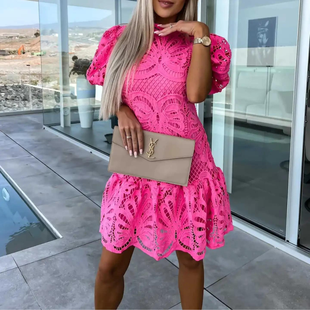 Crochet Lace High Neck Puff Sleeve Tiered Mini Dress 2
