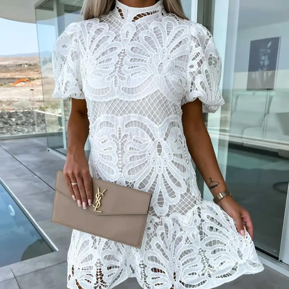 Crochet Lace High Neck Puff Sleeve Tiered Mini Dress 7