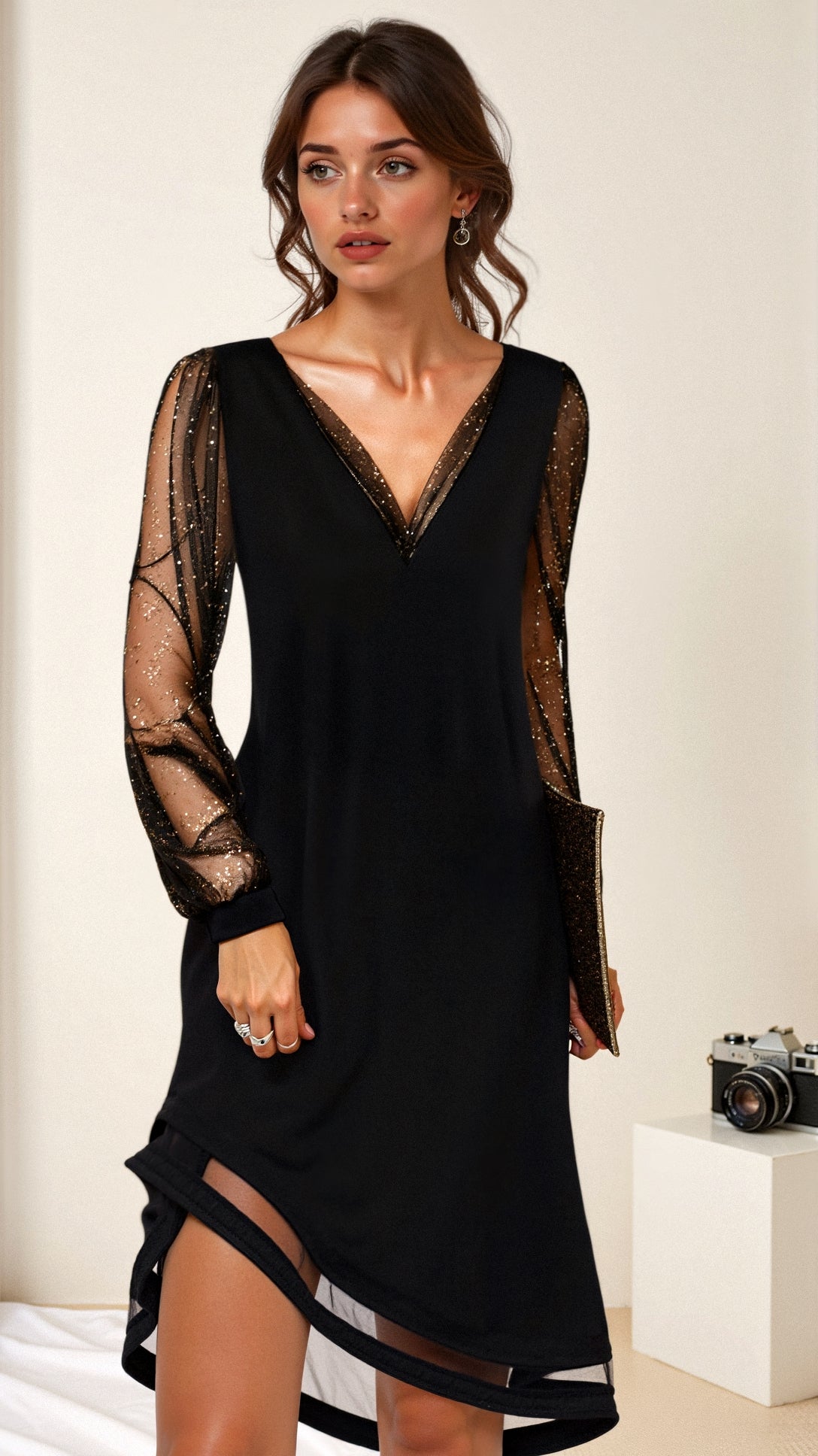 Mesh Glitter Panel Deep V-Neck Long Sleeve Cuff Trim Shift Mini Cocktail Dress