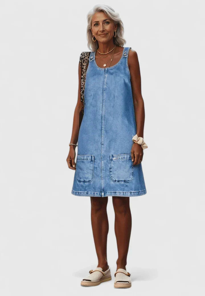 Denim Sleeveless Patch Pocket Pinafore Mini Dress