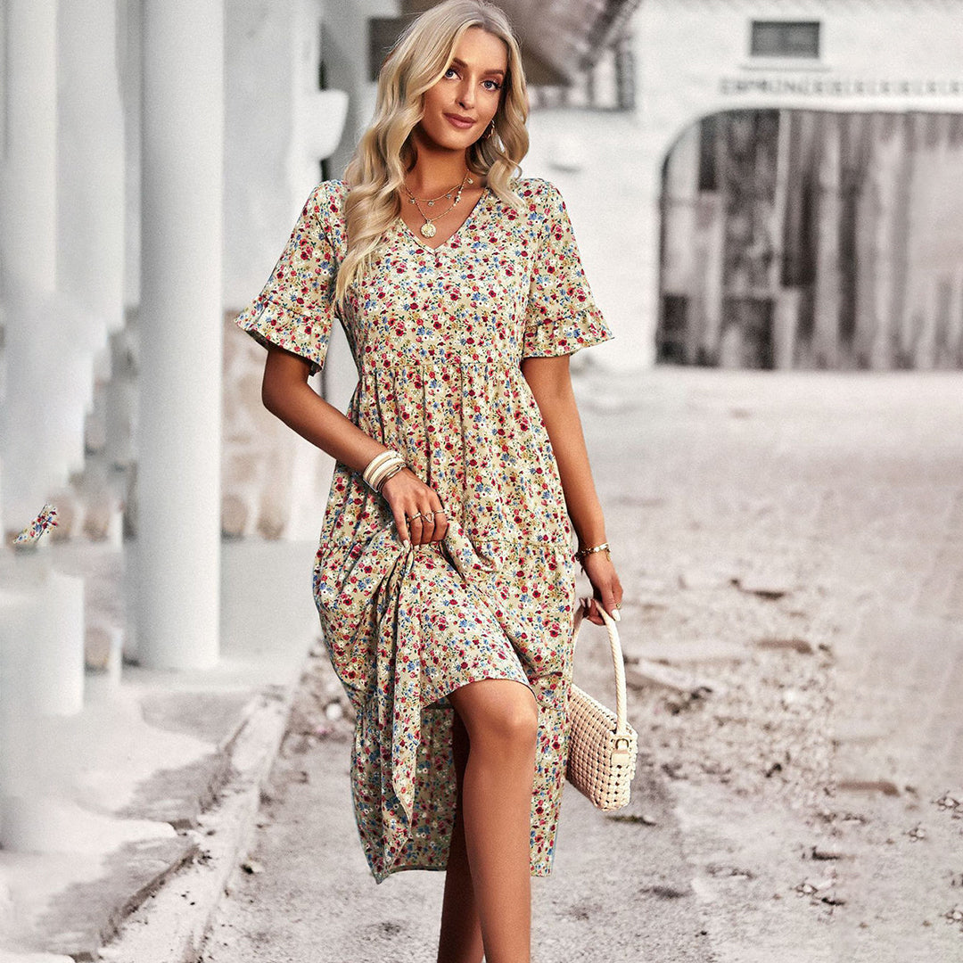 Ditsy Floral V-Neck Short Sleeve Tiered Midi Dress