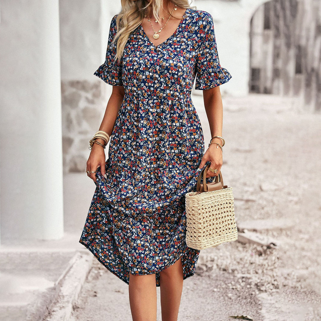 Ditsy Floral V-Neck Short Sleeve Tiered Midi Dress 3