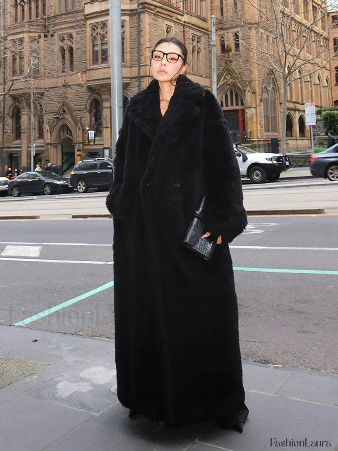 Lautaro Winter Extra Long Oversized Warm Thick Black Soft Fluffy Hairy Faux Fur Overcoats